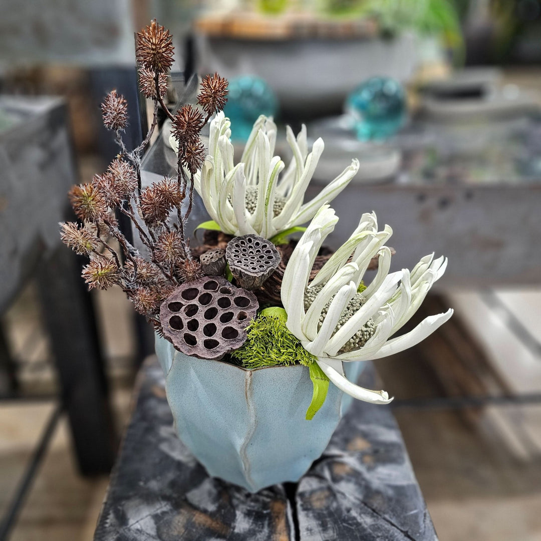 Daisy with Lotus Pods and Thistle in Ceramic. 15"H - LDF SilkArtificial Flora