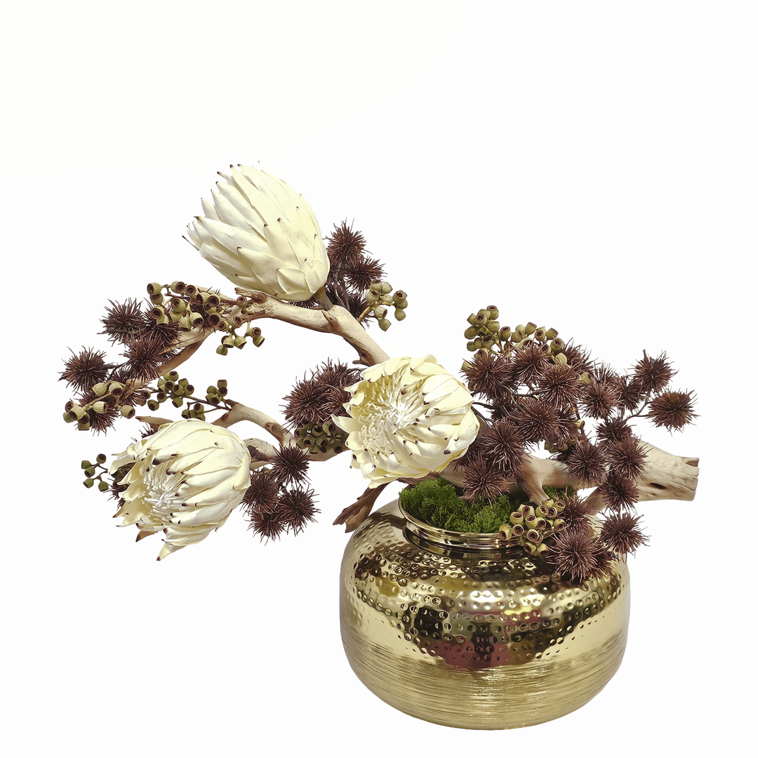 Decorative Ghost Wood Branch in Brushed Aluminum with Hammered top Vase 22"H x 29"W x 17"D - LDF Silk