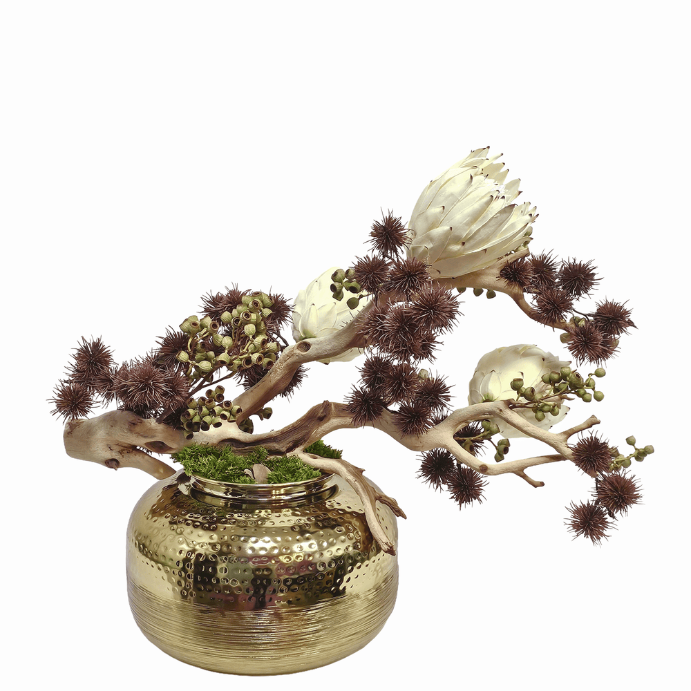 Decorative Ghost Wood Branch in Brushed Aluminum with Hammered top Vase 22"H x 29"W x 17"D - LDF Silk