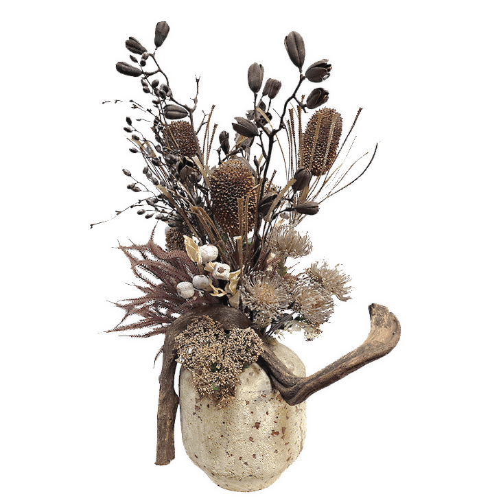 Decorative Jungle Vine with Protea, Lavender Bush, Berries, Pods and Sedum in Aged Jar. 40.5"H X 27"W X 26"D - LDF Silk