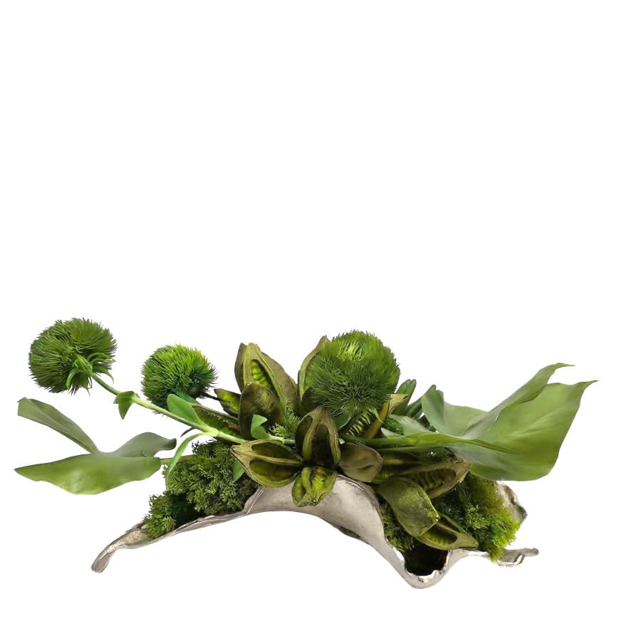 Dianthus, Tropical Leaves, Sora Pods and Succulents in Metal Leaf 11.5"H - LDF Silk