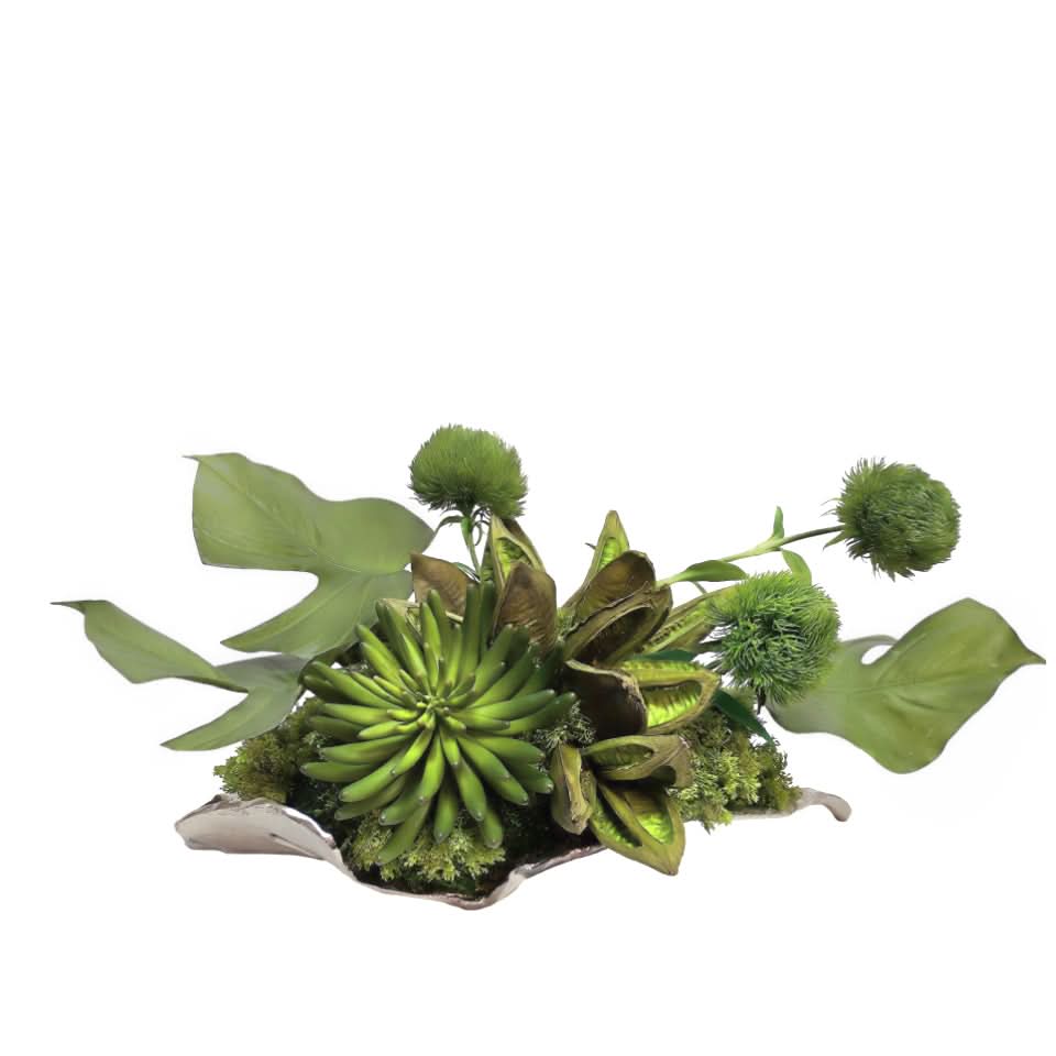 Dianthus, Tropical Leaves, Sora Pods and Succulents in Metal Leaf 11.5"H - LDF Silk