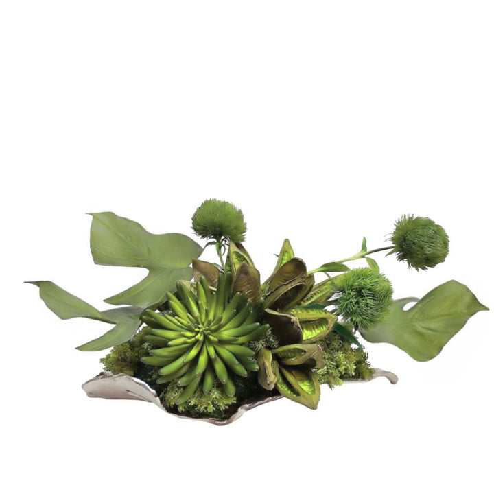 Dianthus, Tropical Leaves, Sora Pods and Succulents in Metal Leaf 11.5"H - LDF Silk