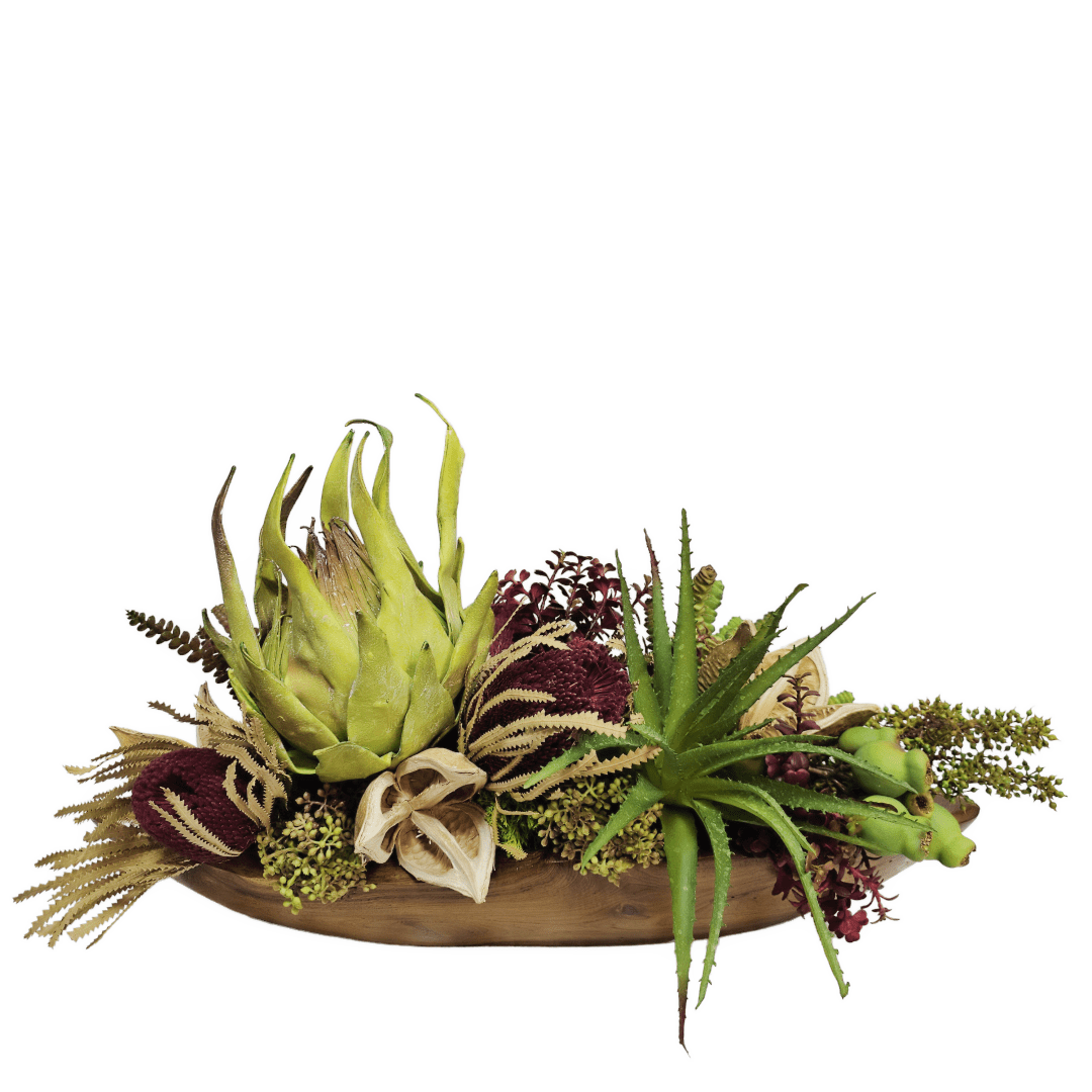 Dried Banksia, Giant Foam Flower, Succulents and Sora Pods in Wood Boat 13"H - LDF Silk