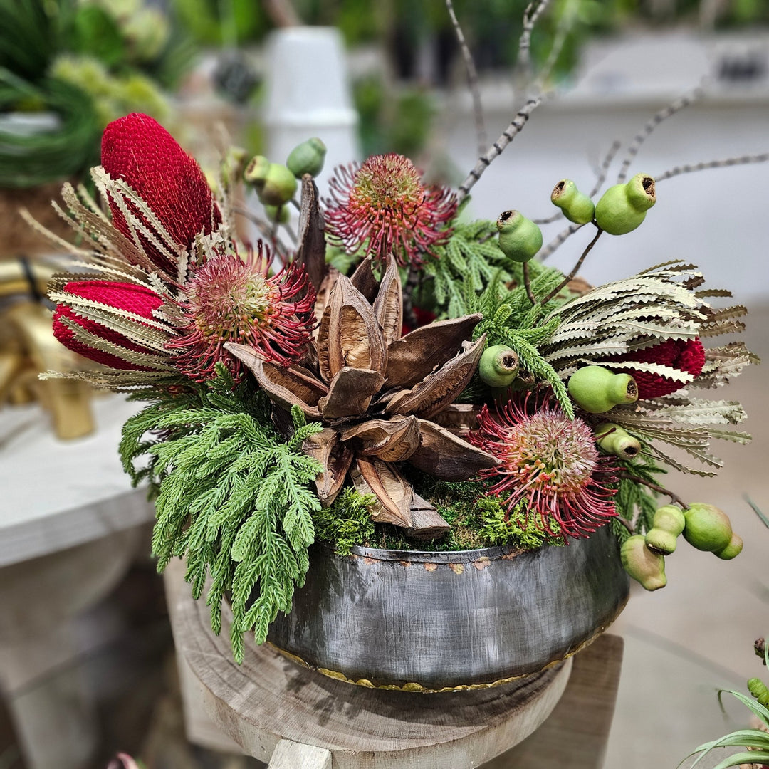 Dried Banksia, Protea, Star Pod, Pods, Pin and Tiger Wood in Metal Bowl 24"H - LDF Silk