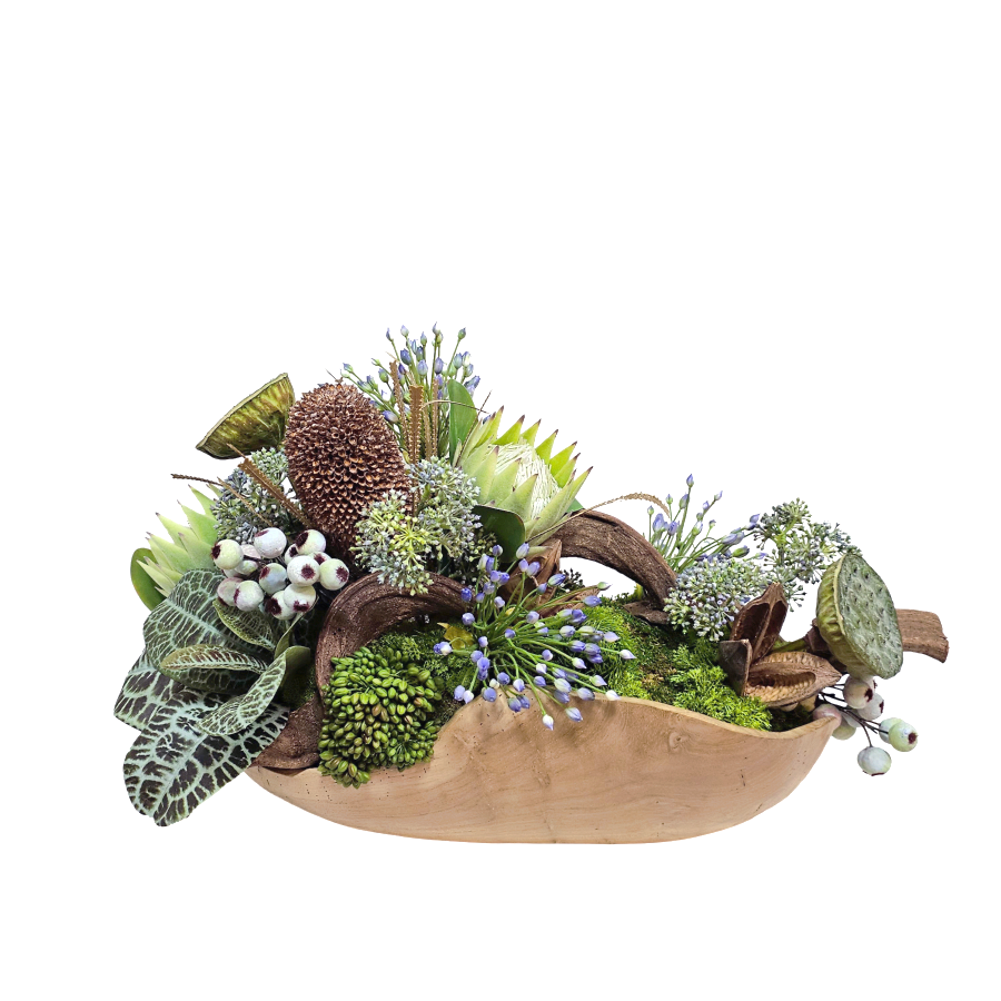 Dried King Protea, Dinathus Spray, Mixed Berries, Sedum, Seeded Allium, Lotus Pods, and Jungle Vine made in Teak Tray 17"H X 30"W X 15"D - LDF Silk