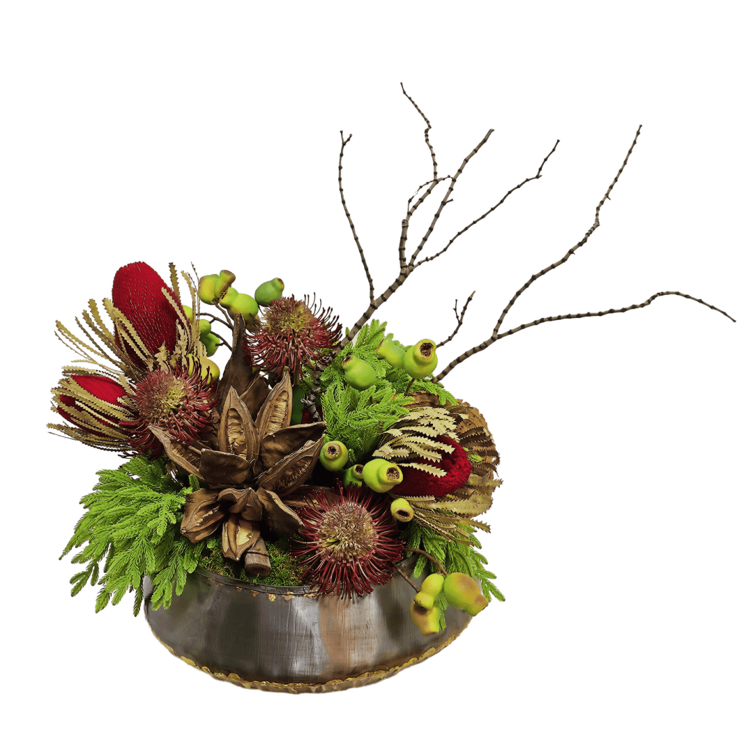 Dried Red Banksia, Protea, Star Pod, Pods, Pin and Tiger Wood in Metal Bowl 24"H - LDF Silk