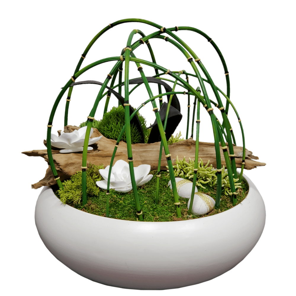Driftwood with Flowers, Rocks in Water Bamboo Cage in Ceramic FD: 14"H - LDF Silk