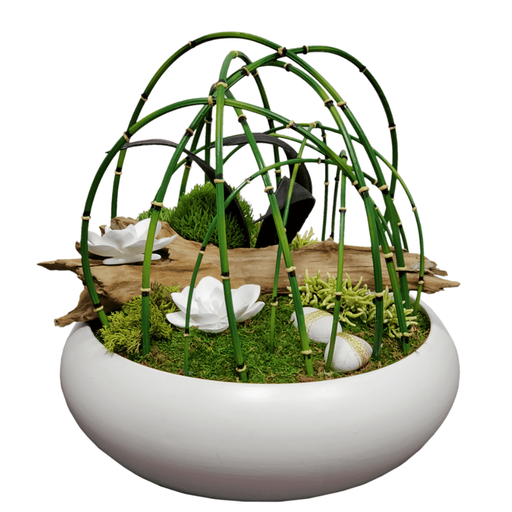 Driftwood with Flowers, Rocks in Water Bamboo Cage in Ceramic FD: 14"H - LDF Silk