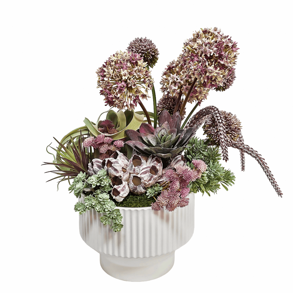 Echeveria, Allium, Succulent Grass, Mini Flowers, and Tillandsia in Ceramic Pot. 20"H - LDF Silk