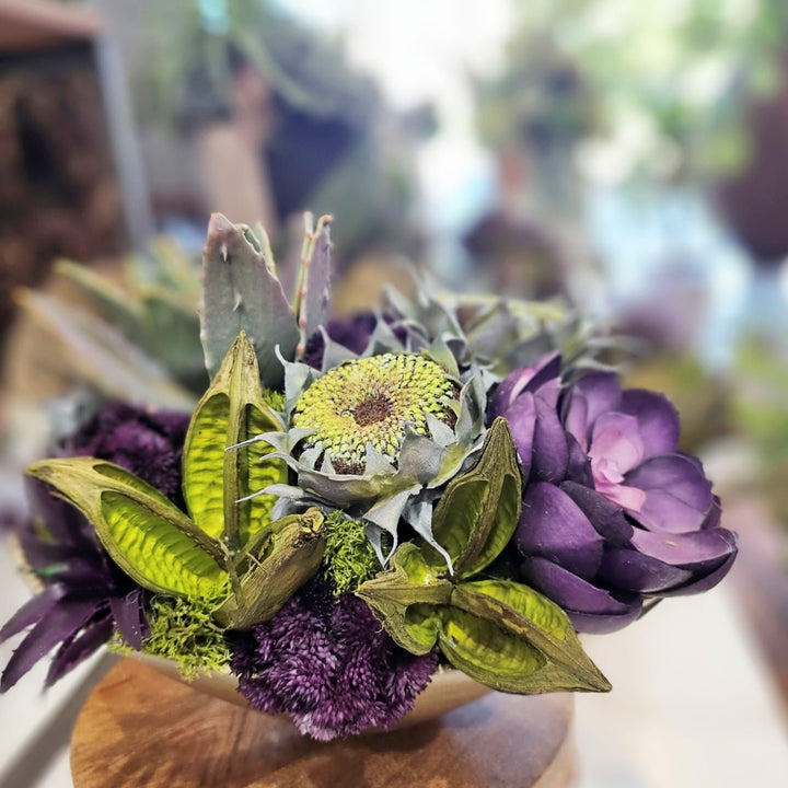Echeveria, Sunflower Heads, Sora Pods and Sedum in Raw Edge Metal Bowl 15"H - LDF Silk
