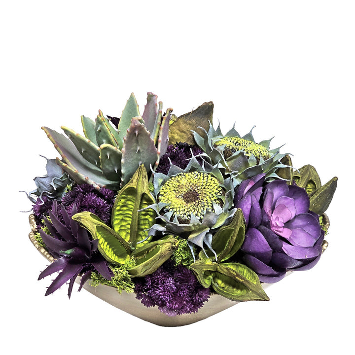 Echeveria, Sunflower Heads, Sora Pods and Sedum in Raw Edge Metal Bowl 15"H - LDF Silk