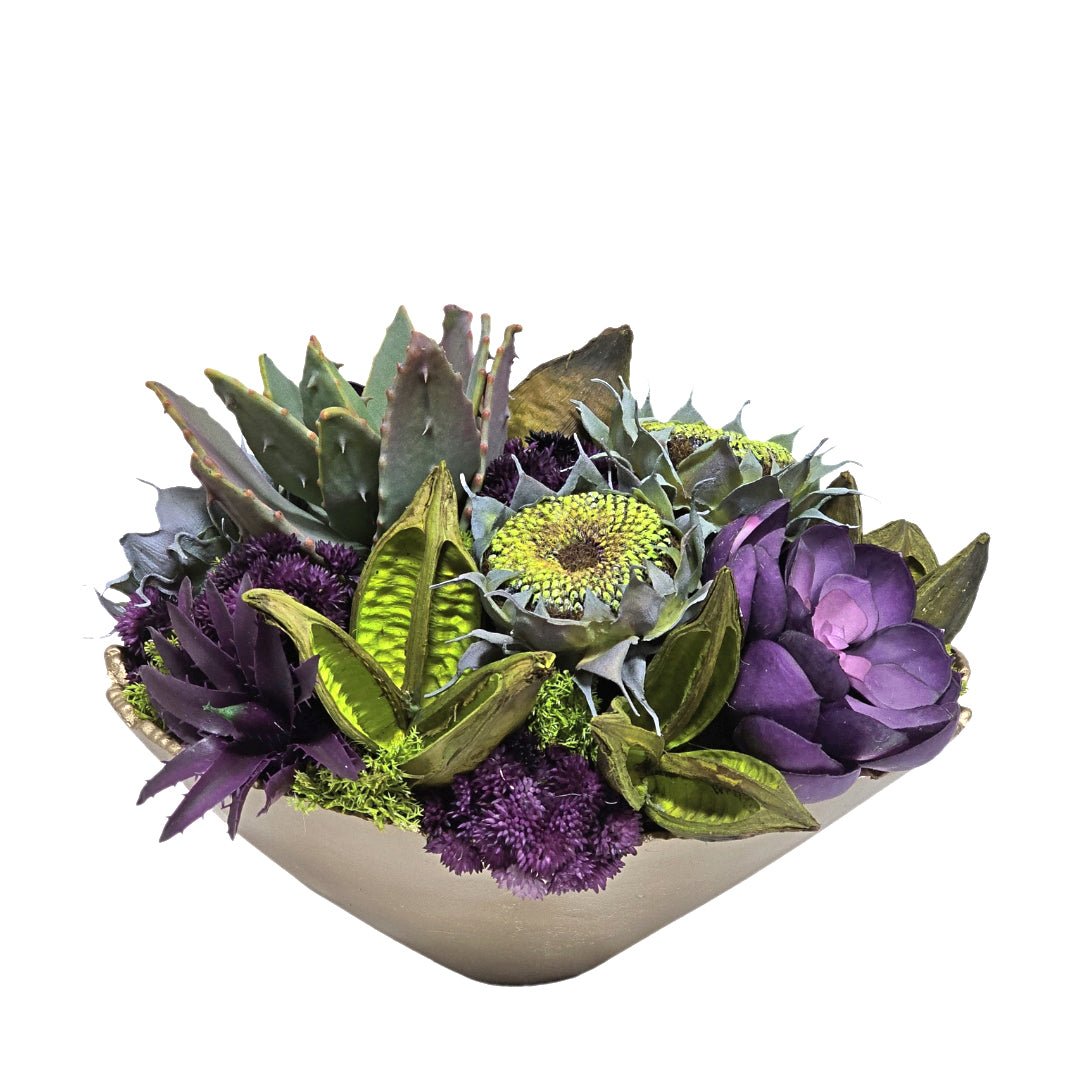 Echeveria, Sunflower Heads, Sora Pods and Sedum in Raw Edge Metal Bowl 15"H - LDF Silk