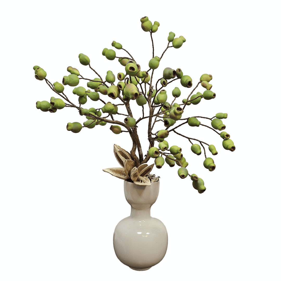 Eucalyptus Pods Drilled on Branches with Sora Pods in Cream Ceramic 32"H - LDF Silk
