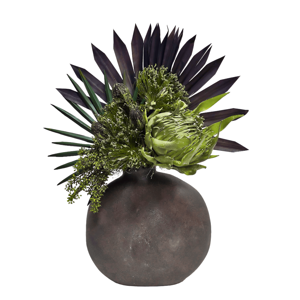 Fan Palms, Protea, Cypress and Mahogany Pods in Aged Vase 26"H - LDF Silk