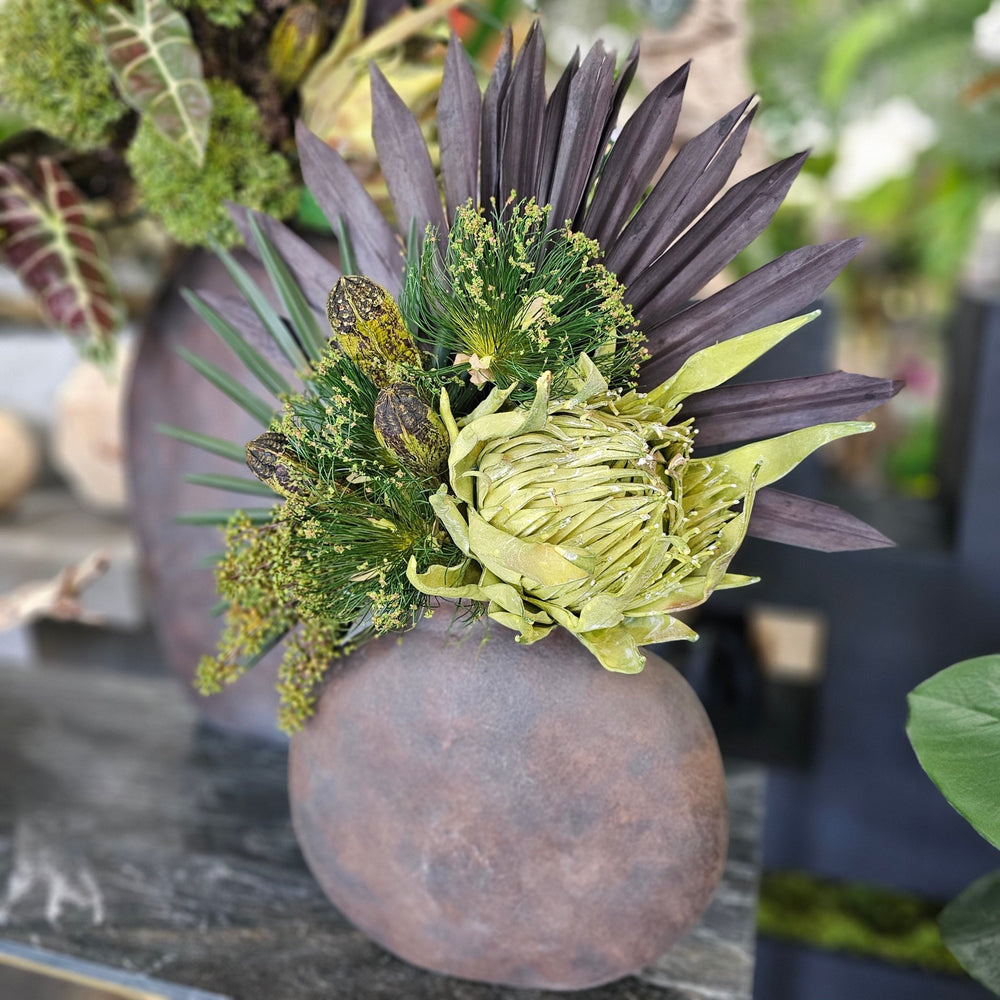 Fan Palms, Protea, Cypress and Mahogany Pods in Aged Vase 26"H - LDF Silk