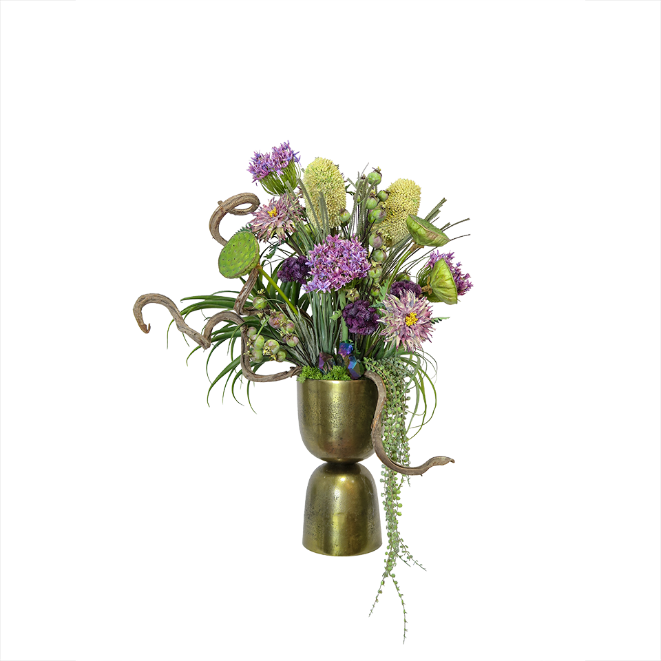 Fern, King Protea, Tillandsia, Lotus Pods, Allium, and Amethyst in Footed Urn. 35"H - LDF Silk