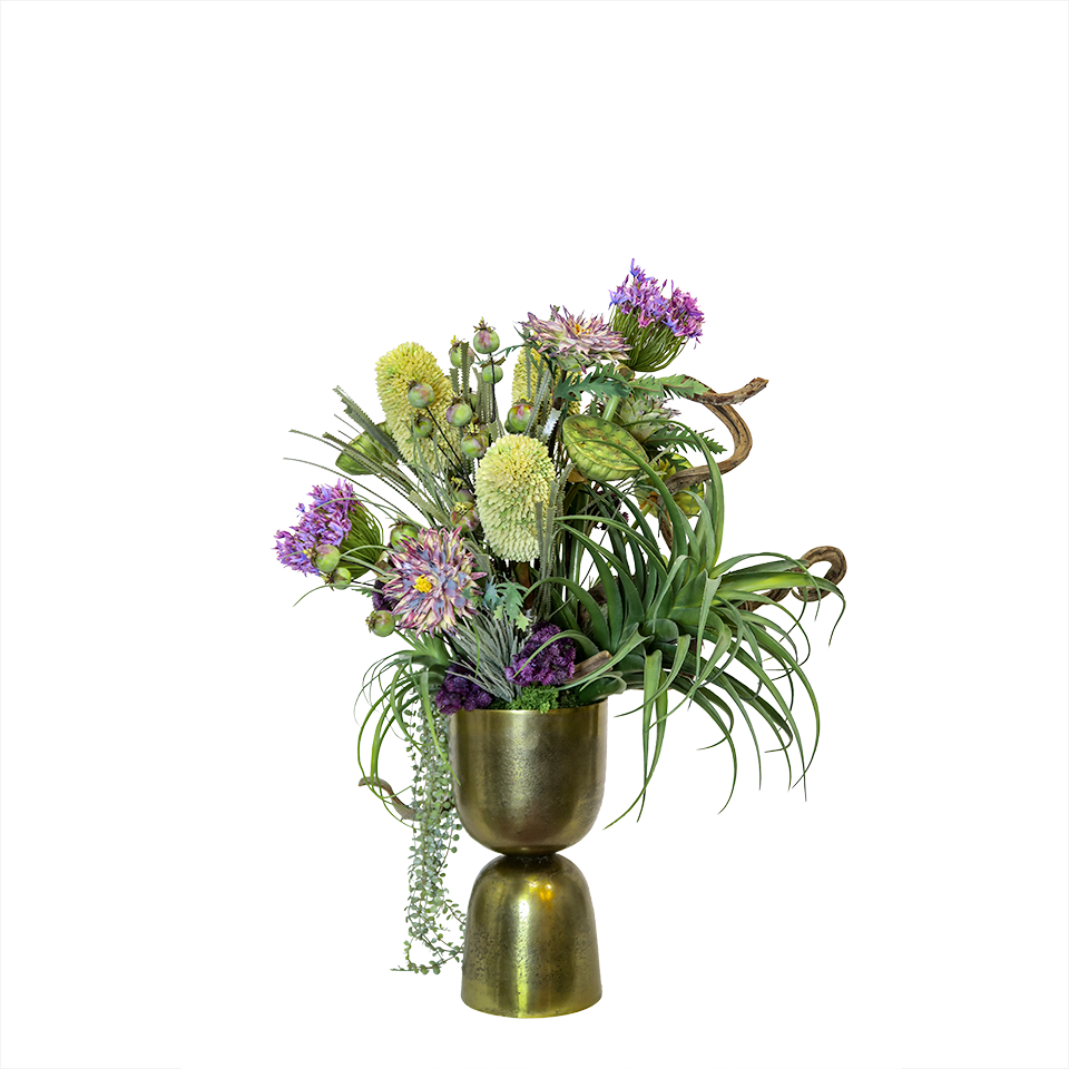 Fern, King Protea, Tillandsia, Lotus Pods, Allium, and Amethyst in Footed Urn. 35"H - LDF Silk