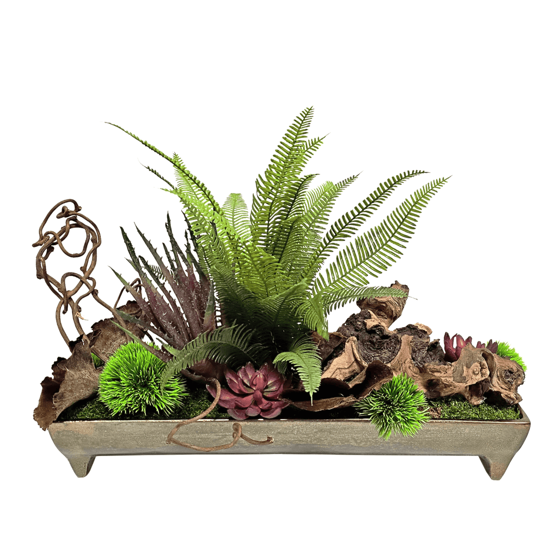 Fern, Various Succulents and Wood Elements in Metal Container. FH:16" - LDF SilkArtificial Flora