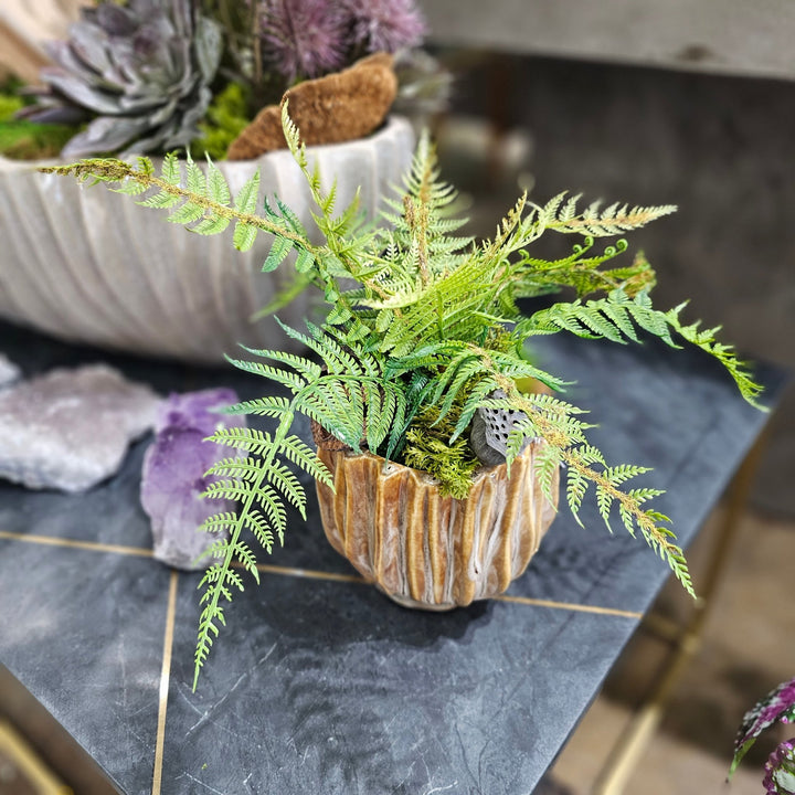 Fern with Dried Lotus Pods in Ribbed Ceramic 11.5"H - LDF Silk