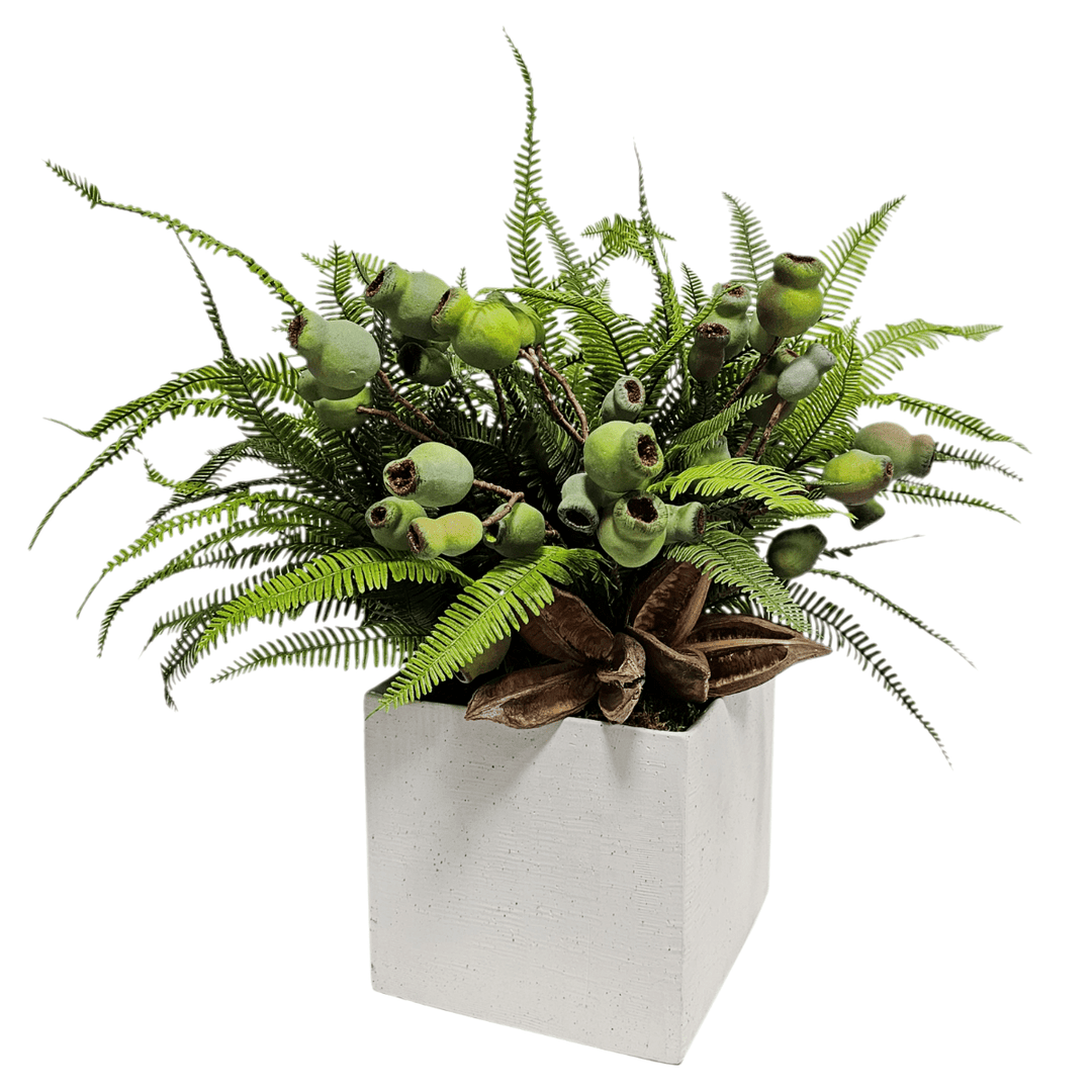 Ferns, Eucalyptus and Pods in Cube Ceramic. FH: 20" - LDF Silk