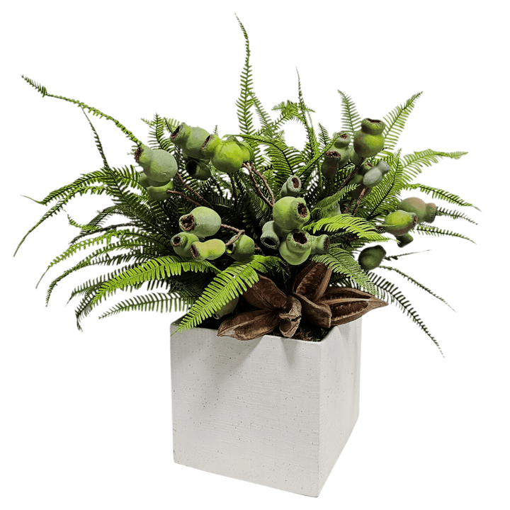 Ferns, Eucalyptus and Pods in Cube Ceramic. FH: 20" - LDF Silk