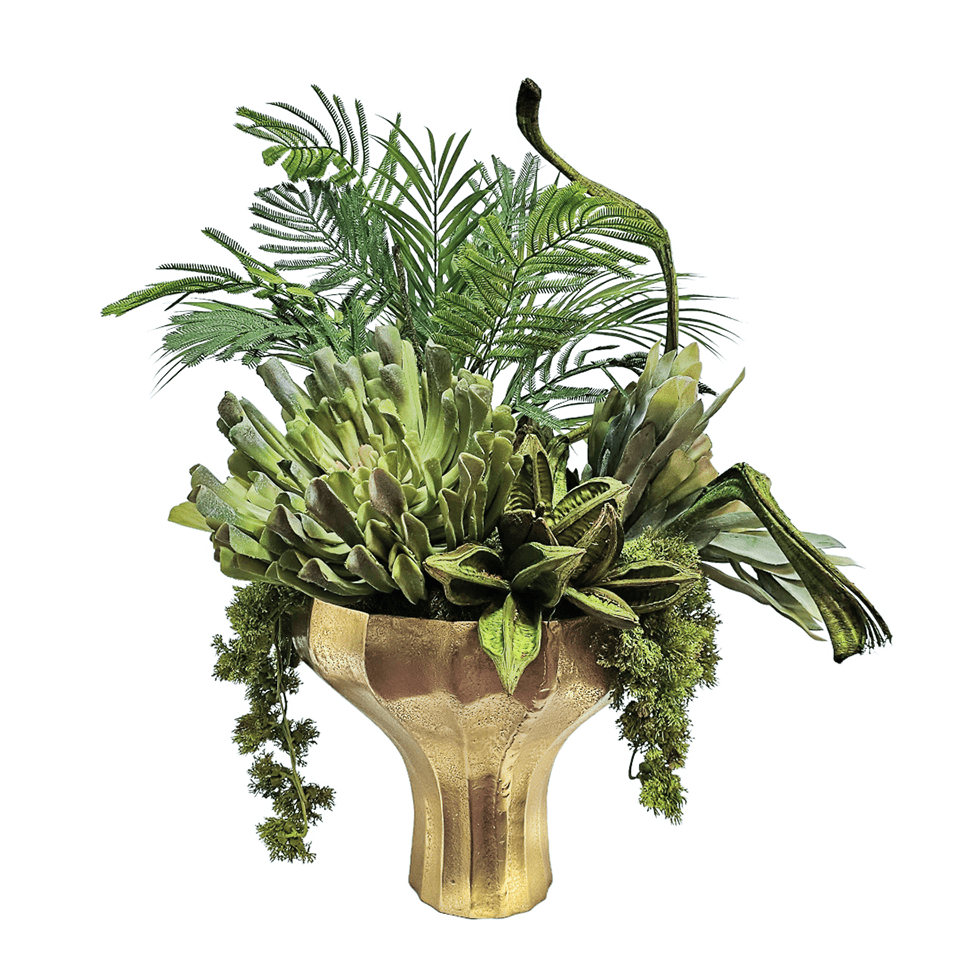 Ferns, Succulents, Curly Vine and Sora Pods in Metal Footed Vase 30"H - LDF Silk