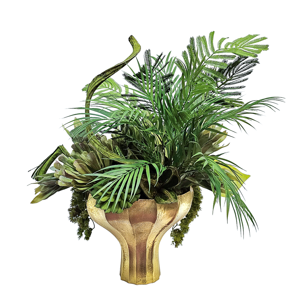 Ferns, Succulents, Curly Vine and Sora Pods in Metal Footed Vase 30"H - LDF Silk