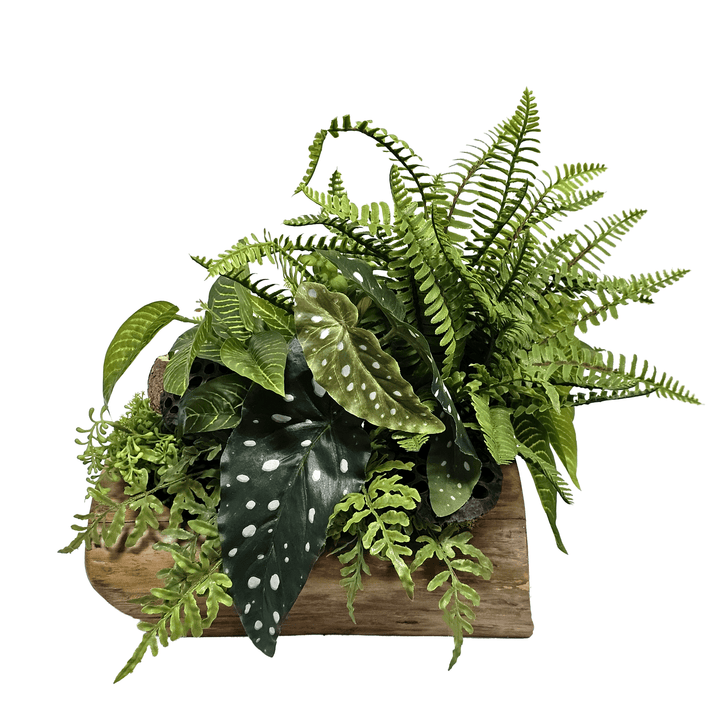 Ferns with Dried Lotus Pods and Wood Fragment in Wood Container 16"H - LDF Silk
