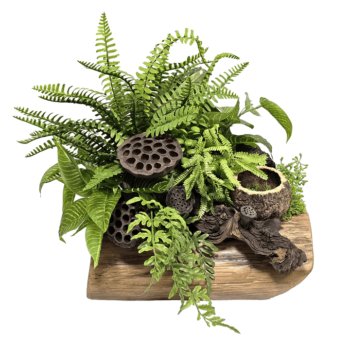 Ferns with Dried Lotus Pods and Wood Fragment in Wood Container 16"H - LDF Silk
