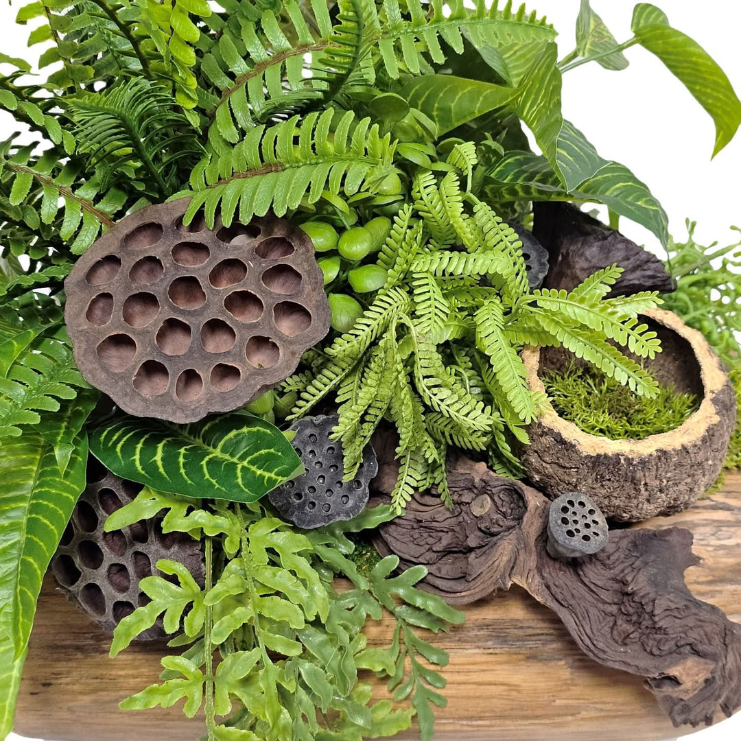 Ferns with Dried Lotus Pods and Wood Fragment in Wood Container 16"H - LDF Silk