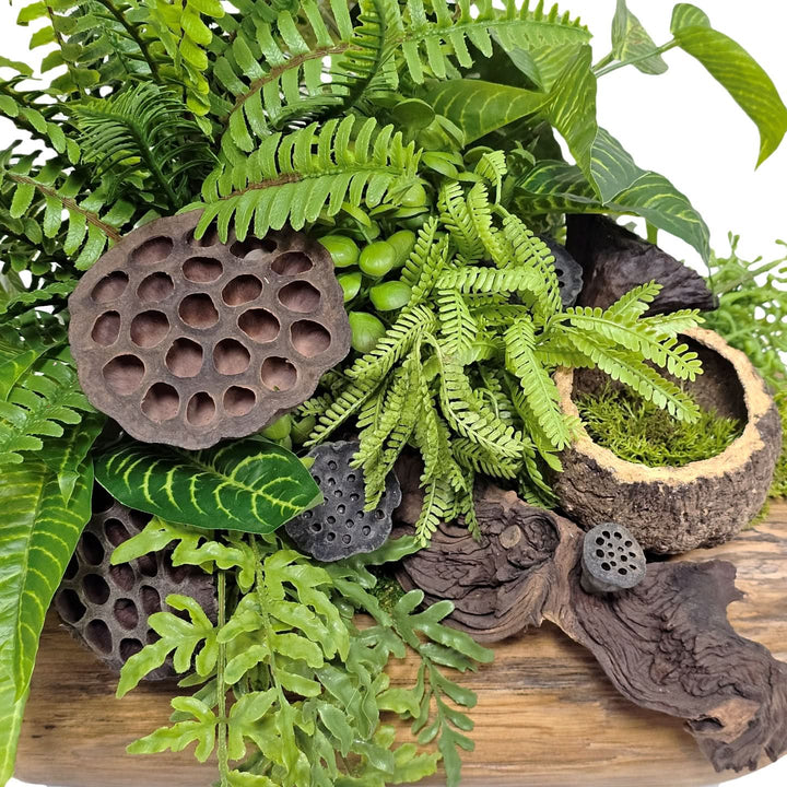 Ferns with Dried Lotus Pods and Wood Fragment in Wood Container 16"H - LDF Silk