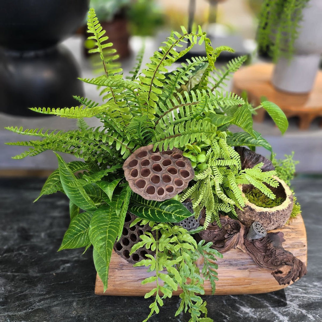 Ferns with Dried Lotus Pods and Wood Fragment in Wood Container 16"H - LDF Silk