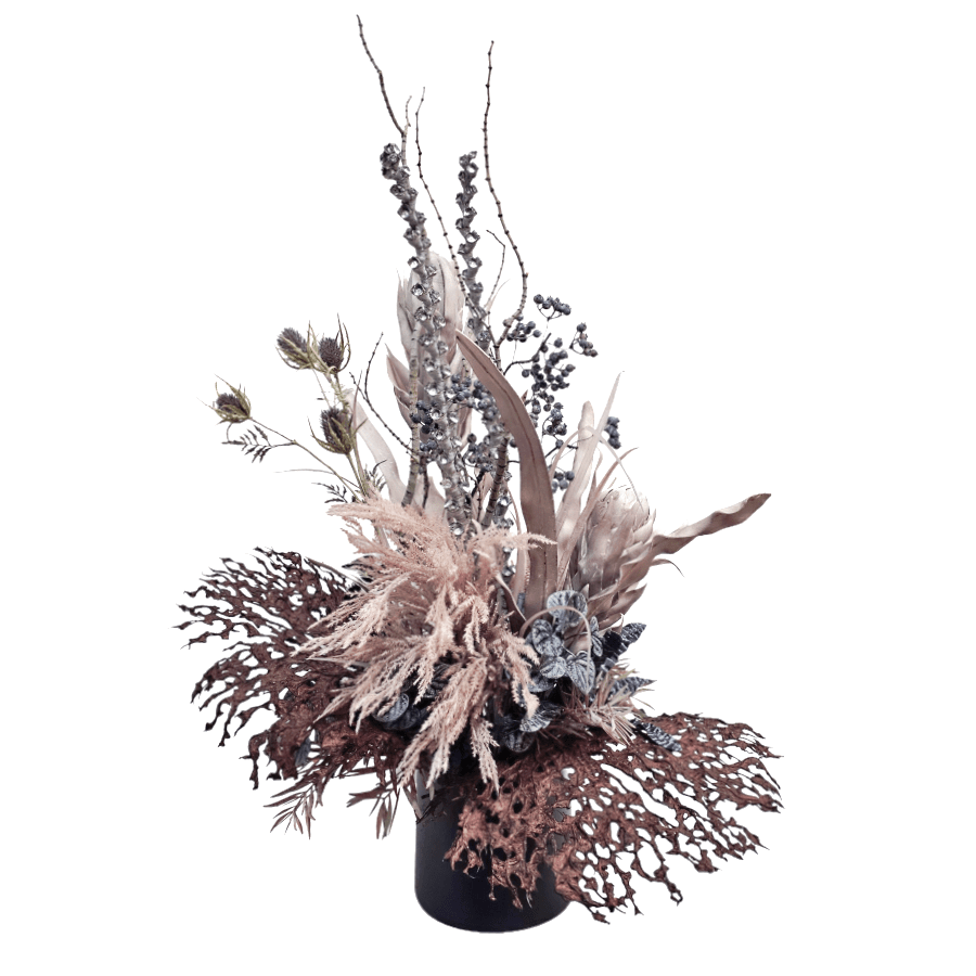 Florals, Thistle, Berries, Pepperomia Bush, Bromeliad Plant, Reed Grass, Tigerwood, and Ladder Branches made into Ceramic Pot 42"H x 27"W x 27"D - LDF Silk
