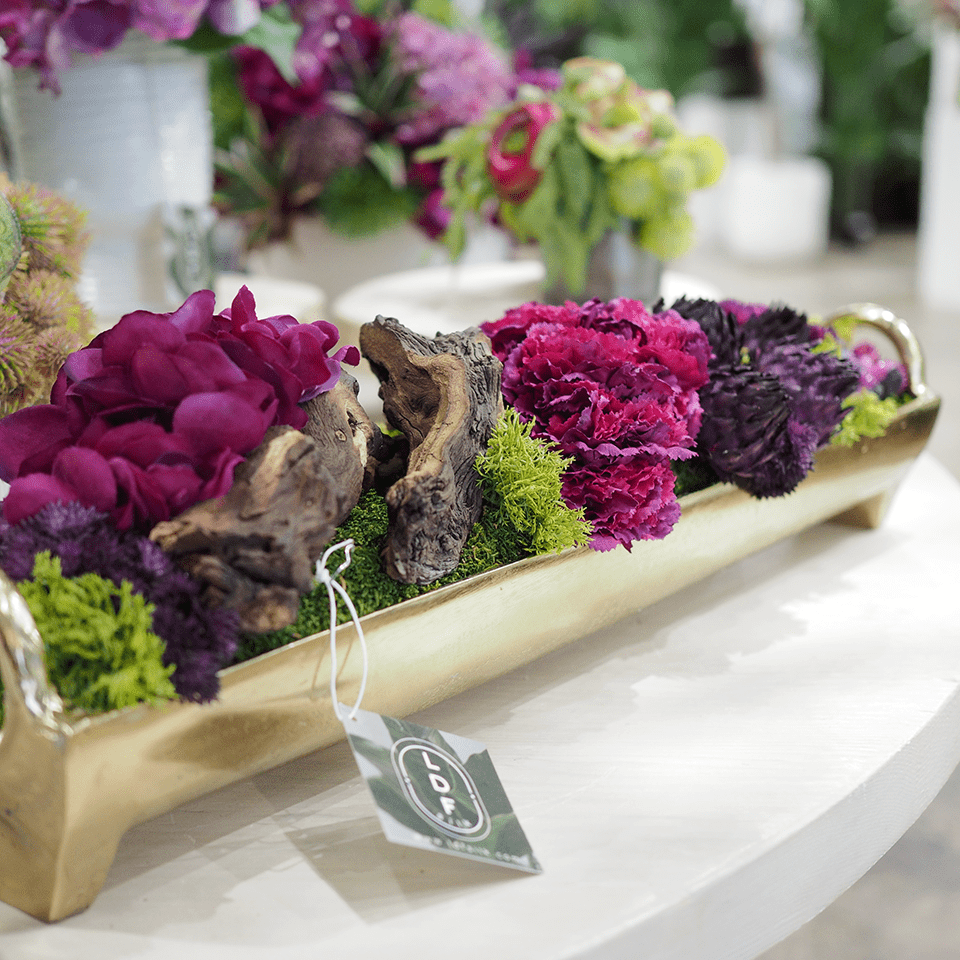 Flowers and Sedum with Wood Fragments in Rectangular Container 7"H - LDF Silk