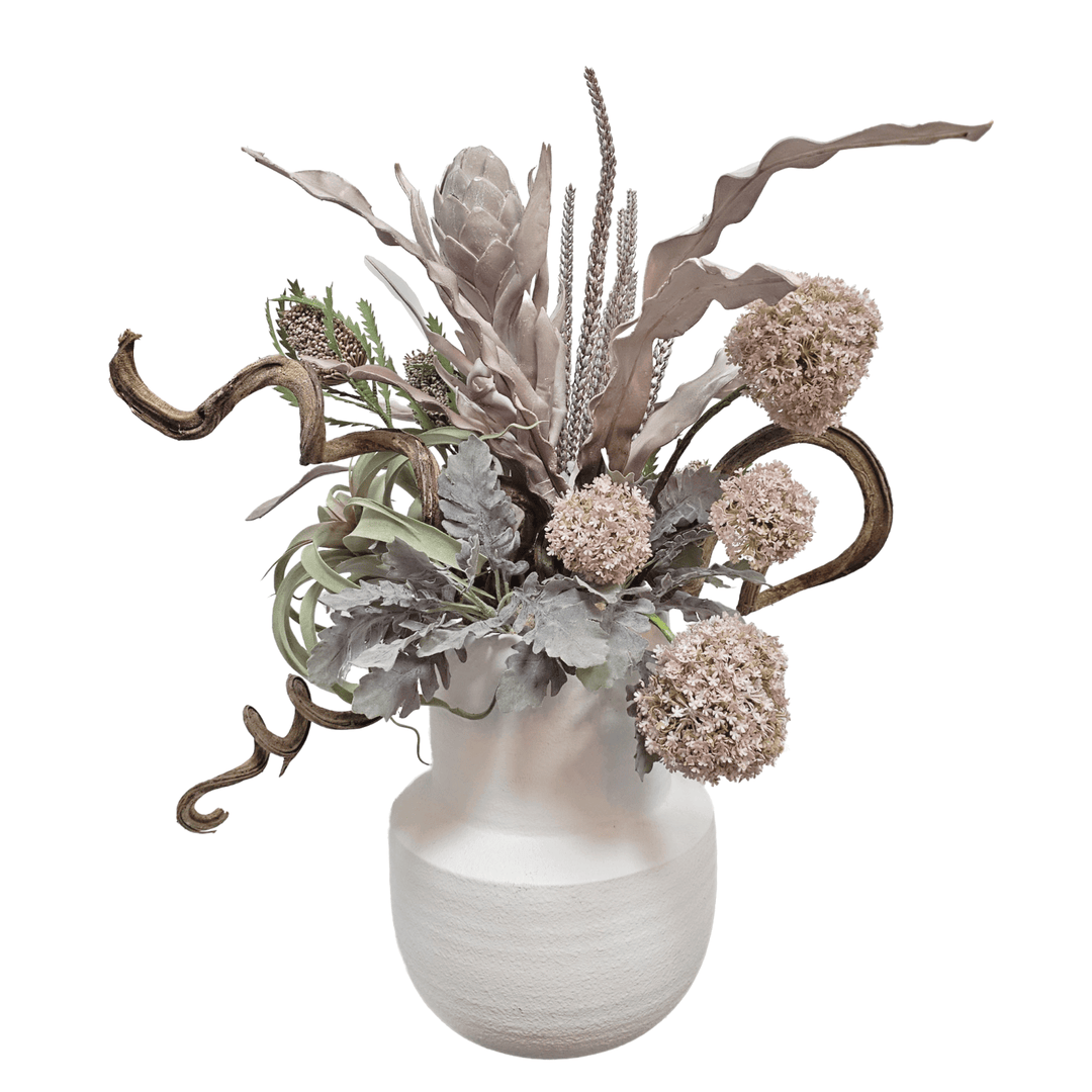 Foam Artchoke, Wheat, Allium, Tillandsia and Curly Vine in Ceramic Vase 35"H - LDF Silk