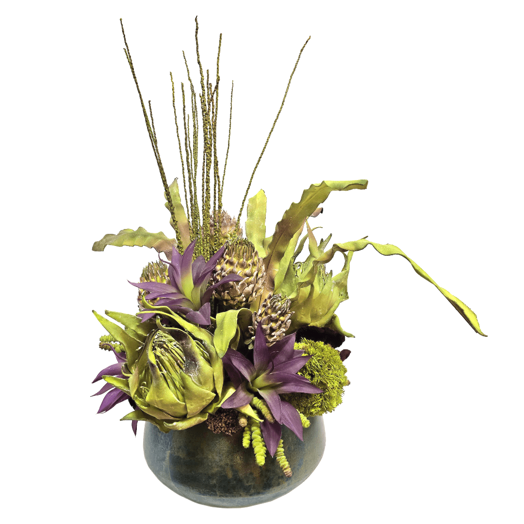 Foam Artichoke, Pods and Leaves with Succulents and Dried Mushrooms in Patina Metal Bowl. 31"H - LDF SilkArtificial Flora