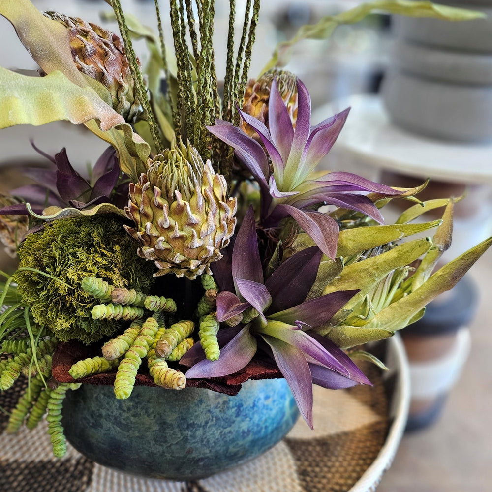 Foam Artichoke, Pods and Leaves with Succulents and Dried Mushrooms in Patina Metal Bowl. 31"H - LDF SilkArtificial Flora