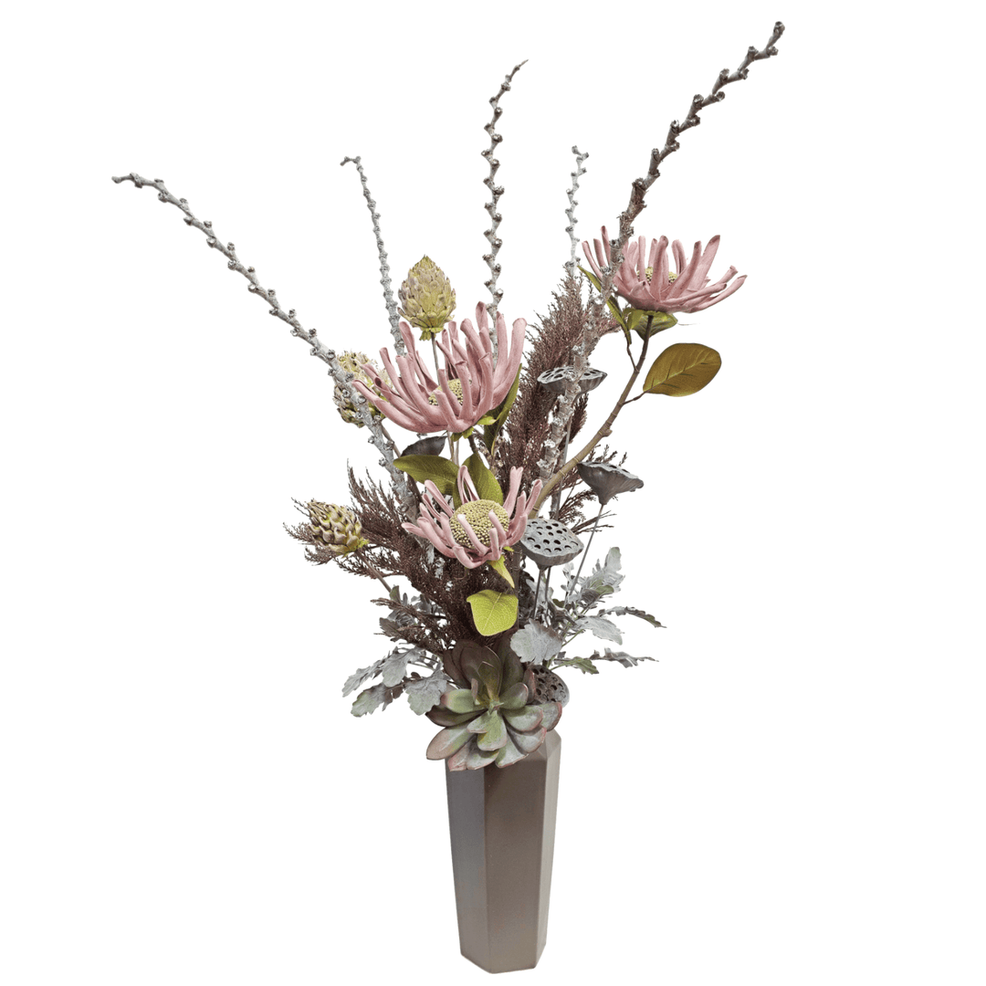 Foam Daisies, Ladder Branches, Foam Artichokes, Lotus Pods and Succulents in Geometric Vase 49"H - LDF Silk