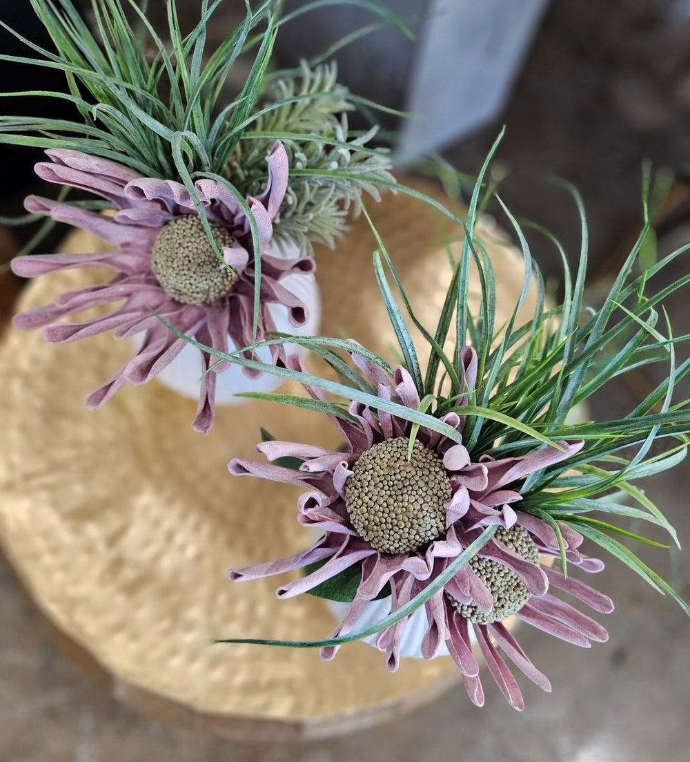 Foam Flower with Grass and Succulent in Ribbed Ceramic FH: 20" - LDF Silk