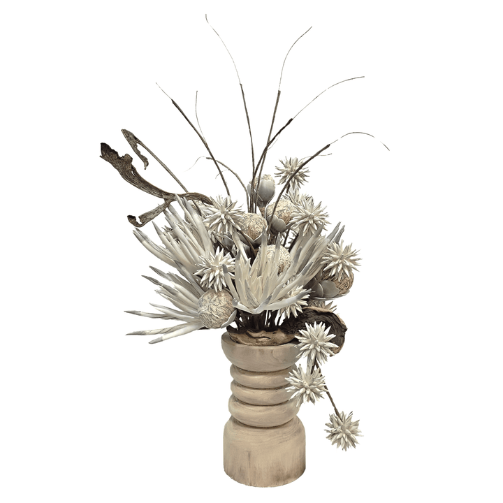 Foam Flowers and Branches with Fern and Wood Fragment in Wood Vase 32"H - LDF Silk