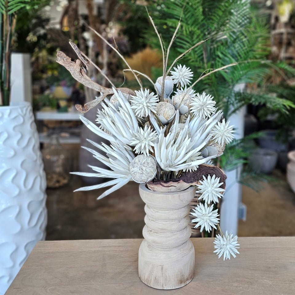 Foam Flowers and Branches with Fern and Wood Fragment in Wood Vase 32"H - LDF Silk