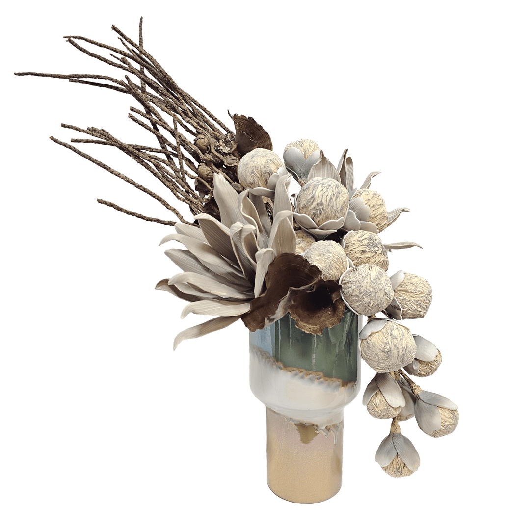 Foam Flowers and Pods with Mushrooms and Coco Jhar in Vase 29"H - LDF Silk