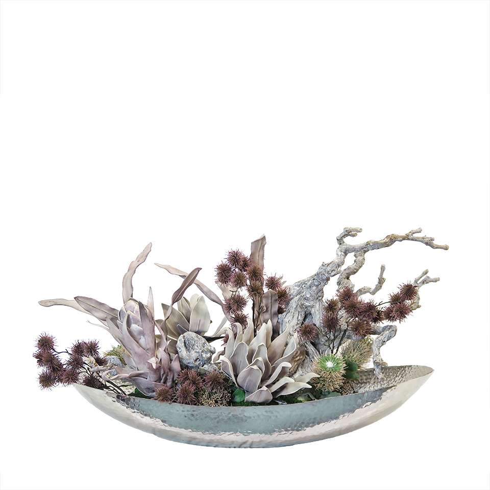 Foam Flowers, Artichoke, Spiny Pods, Protea, Driftwood, and Sedum in MetalTray. 20.5"H - LDF Silk