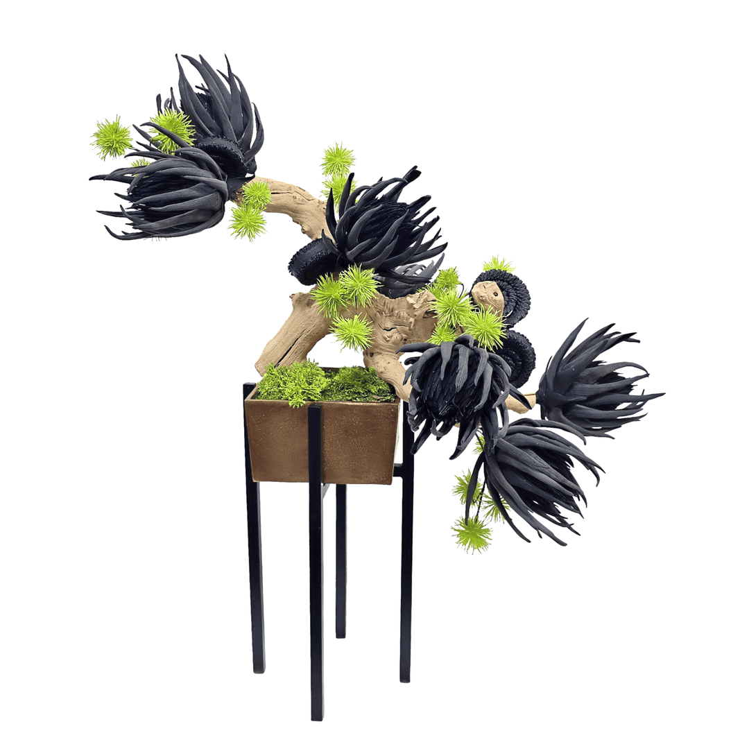Foam Flowers on Grapewood in Metal Plant on Stand 32"H - LDF Silk