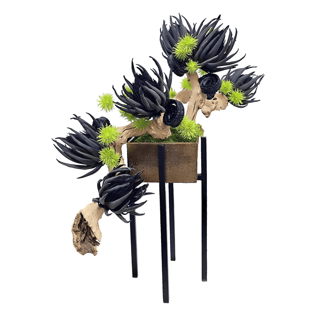 Foam Flowers on Grapewood in Metal Planter on Stand 30"H - LDF Silk