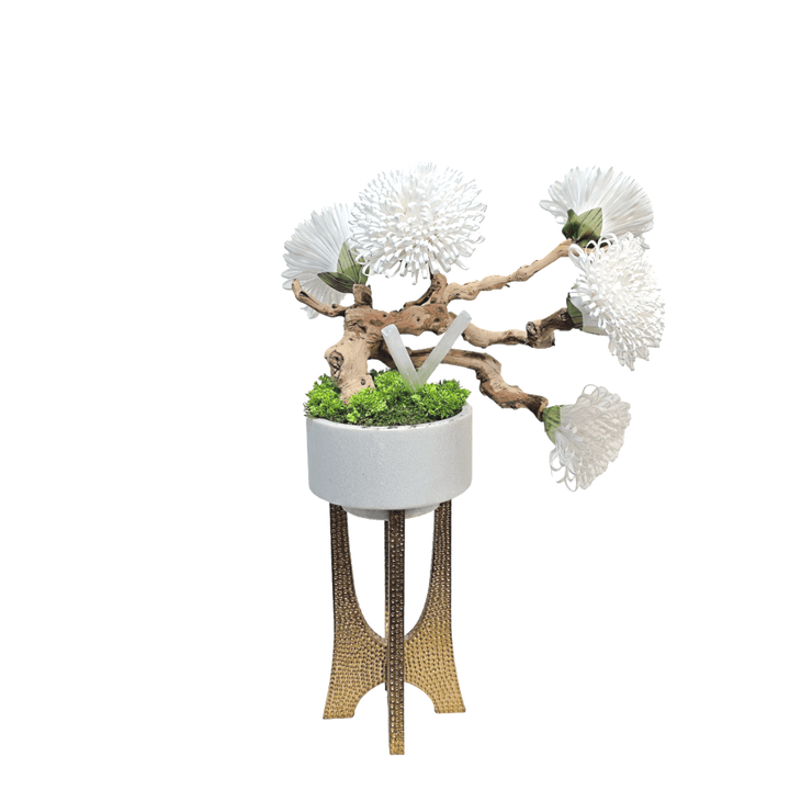 Foam Flowers on Grapewood, Selenite Sticks and Moss in Marble bowl on Metal Stand 28.5"H - LDF Silk