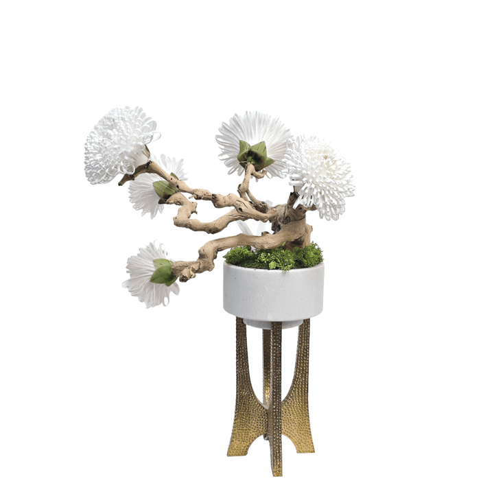 Foam Flowers on Grapewood, Selenite Sticks and Moss in Marble bowl on Metal Stand 28.5"H - LDF Silk