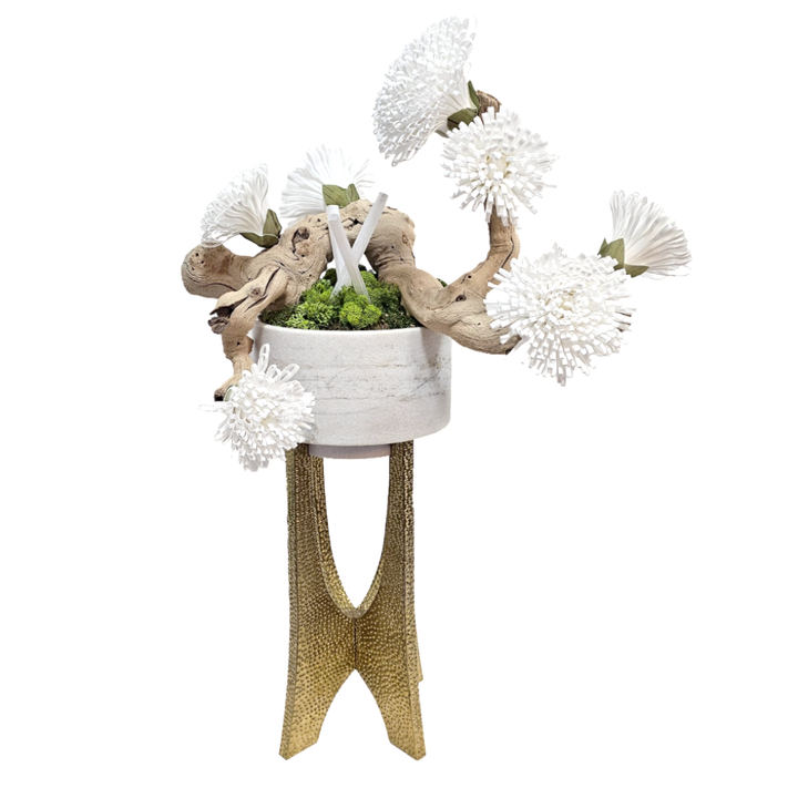 Foam Flowers on Grapewood, Selenite Sticks and Moss in Marble bowl on Metal Stand 34"H - LDF Silk