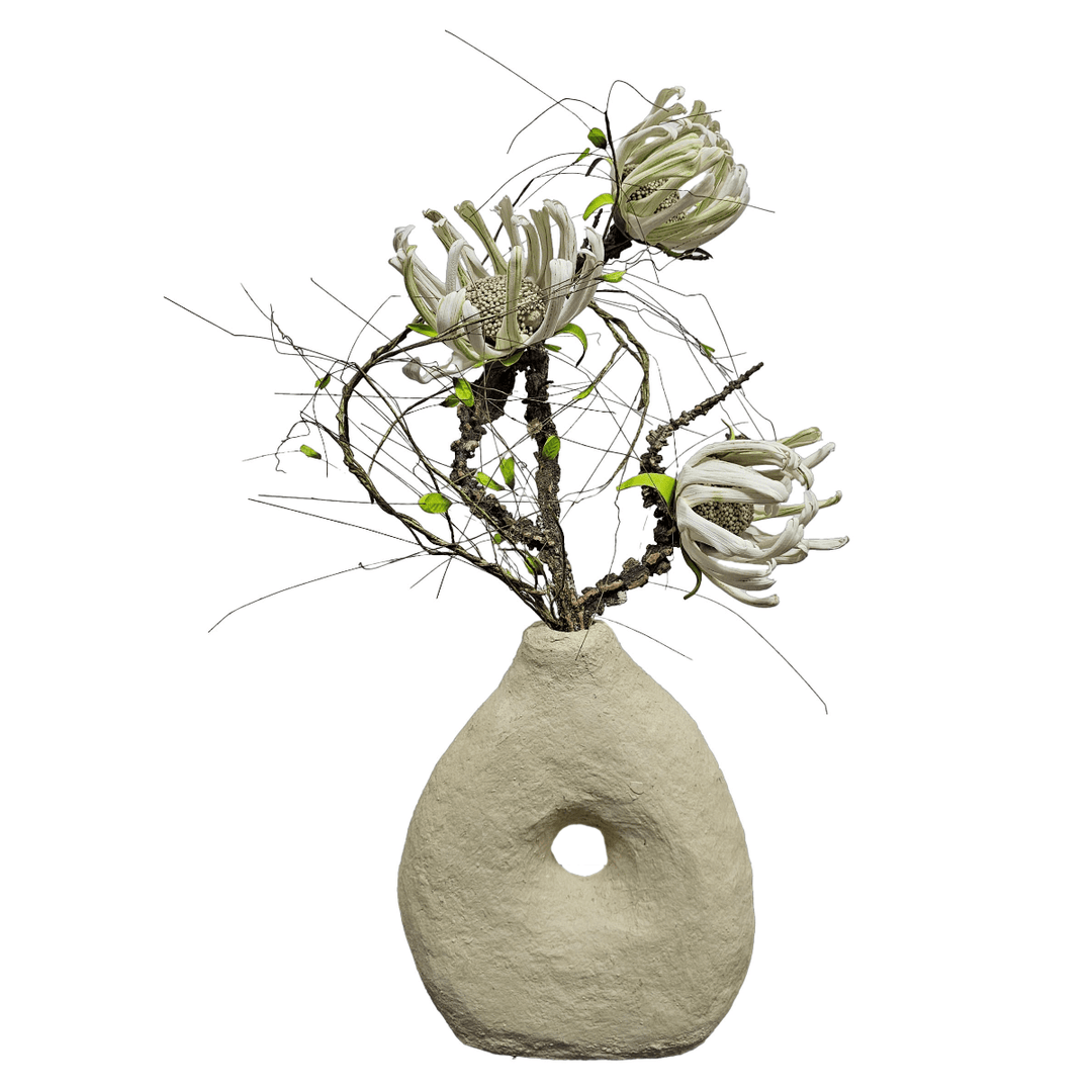 Foam Flowers on Winged Elm Branch in Paper Mache Vase with Cut Out 27"H - LDF Silk